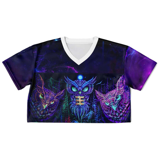  Trippy Owls Rave Cropped Football Jersey, [music festival clothing], [only clout], [onlyclout]