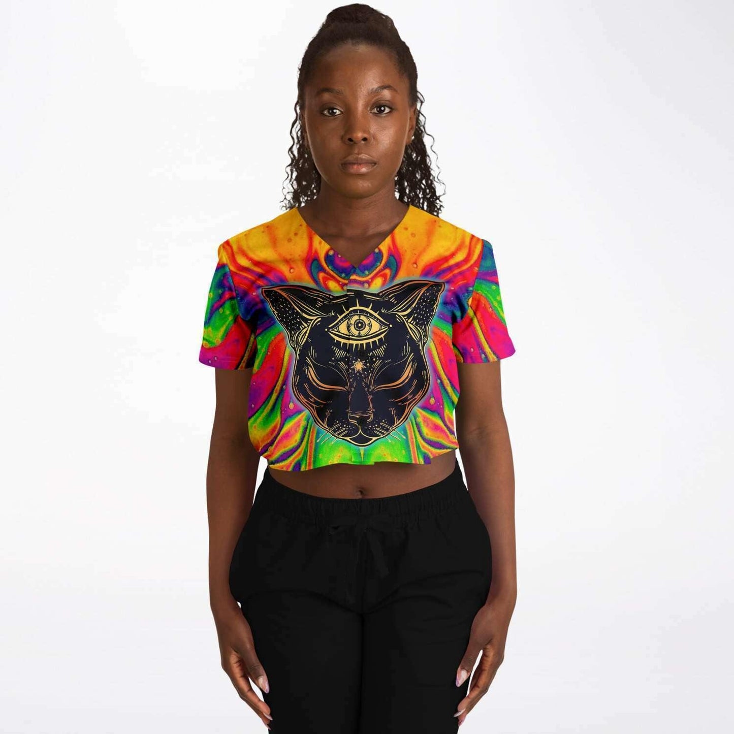  Trippy Cat Rave Cropped Baseball Jersey, [music festival clothing], [only clout], [onlyclout]