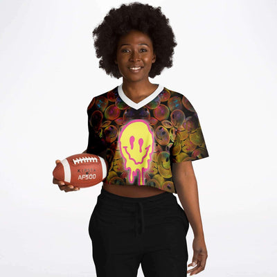 Drippy Smile Rave Cropped Football Jersey, [music festival clothing], [only clout], [onlyclout]