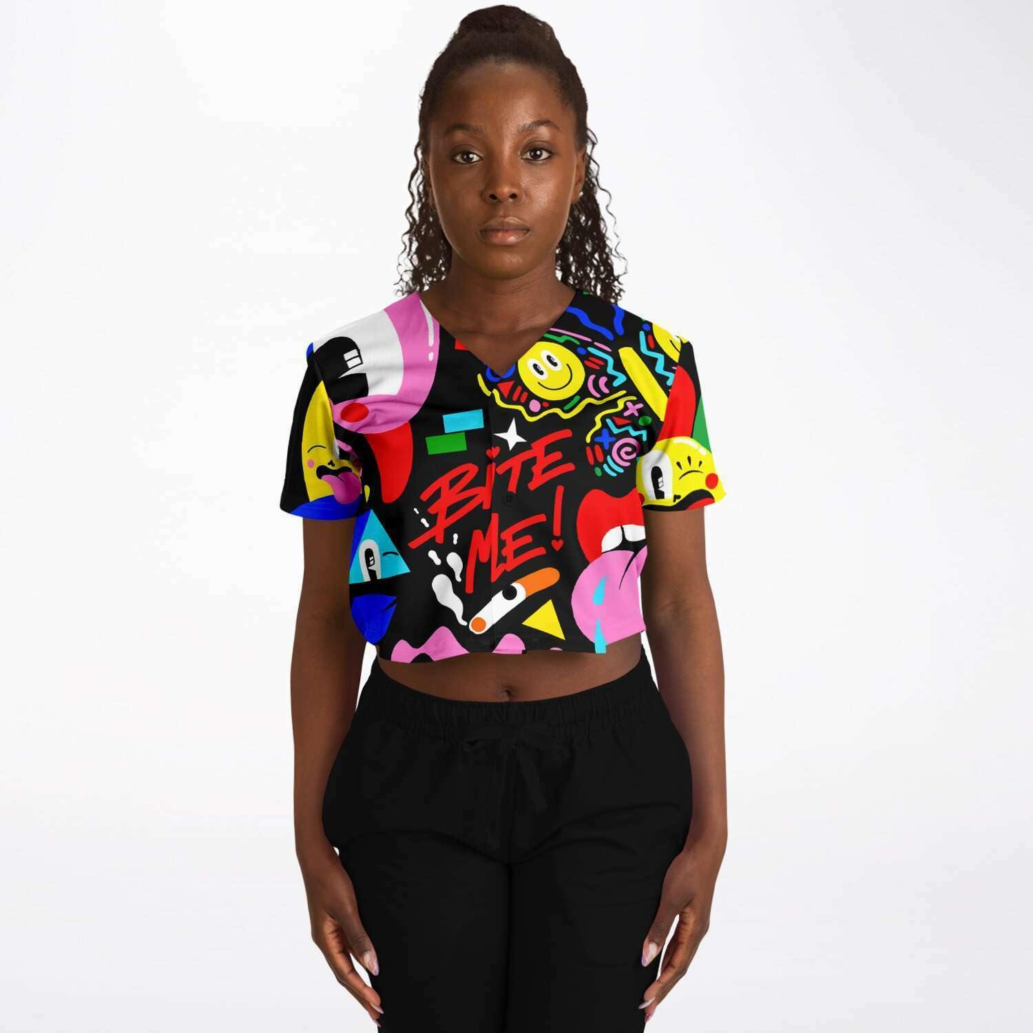  Bite Me Rave Cropped Baseball Jersey, [music festival clothing], [only clout], [onlyclout]