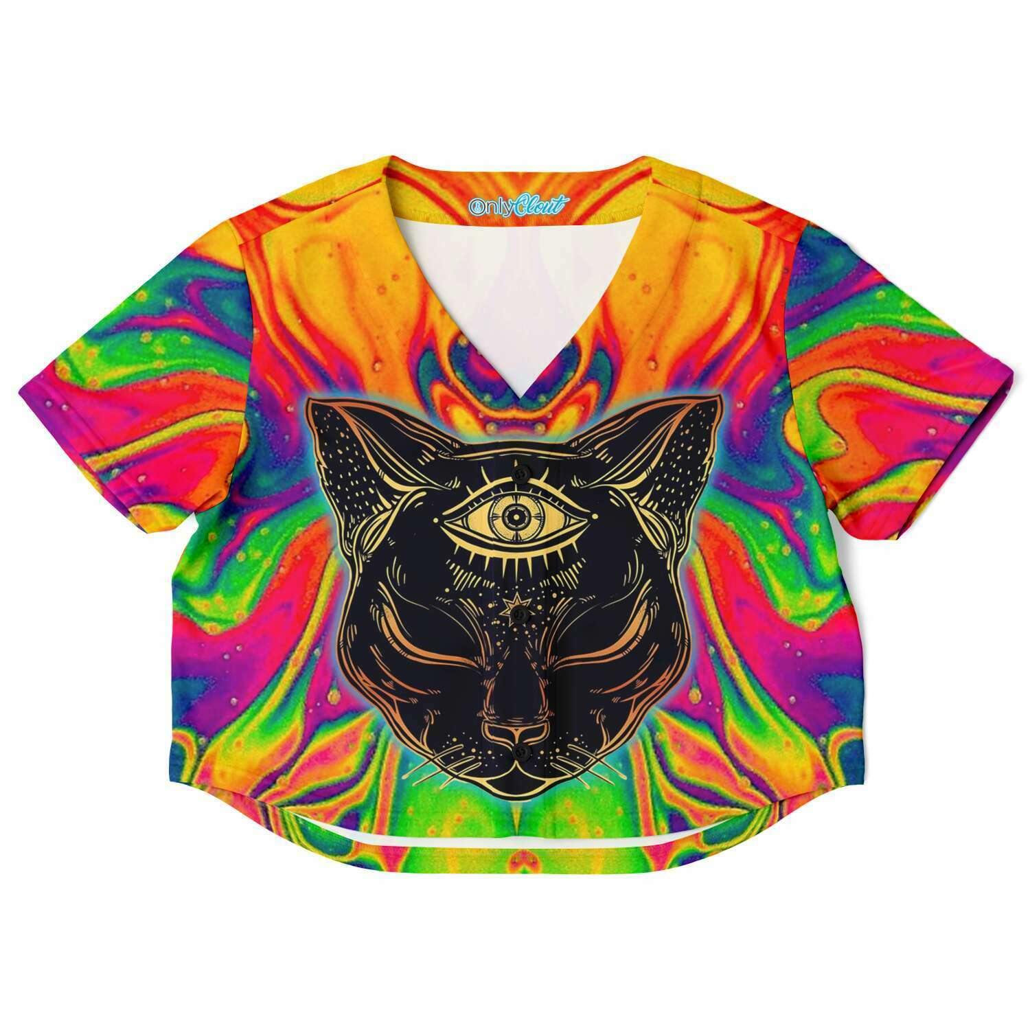  Trippy Cat Rave Cropped Baseball Jersey, [music festival clothing], [only clout], [onlyclout]