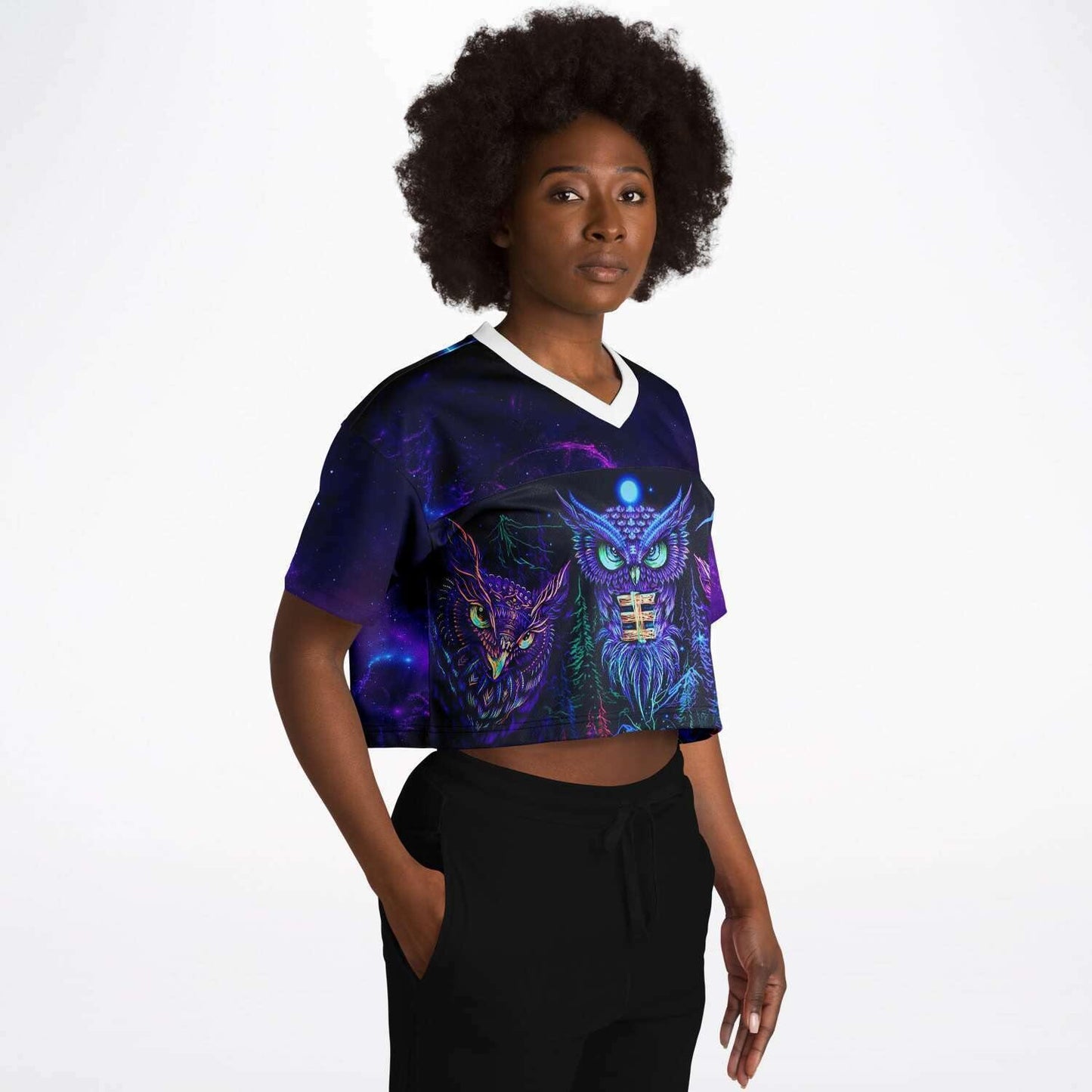  Trippy Owls Rave Cropped Football Jersey, [music festival clothing], [only clout], [onlyclout]