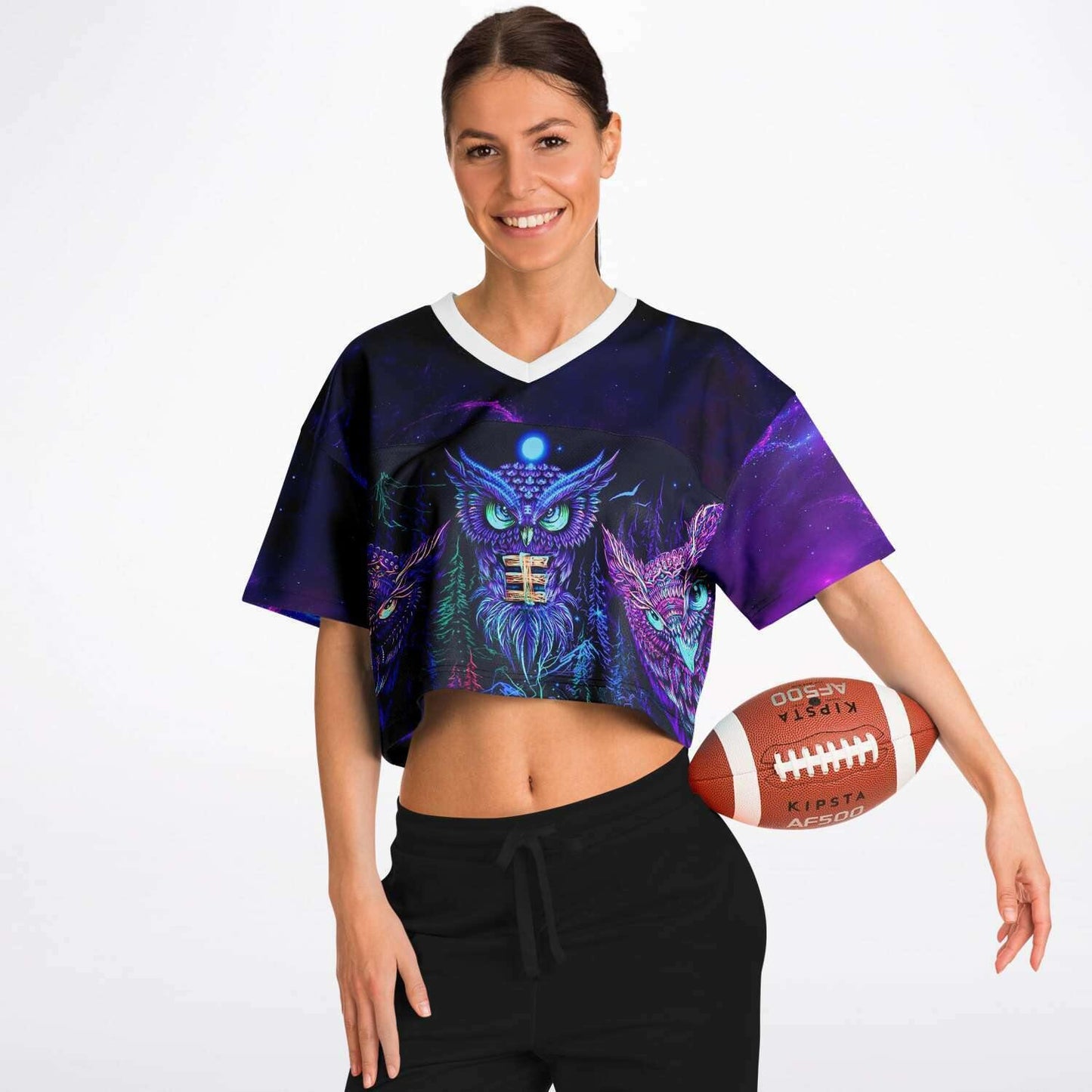  Trippy Owls Rave Cropped Football Jersey, [music festival clothing], [only clout], [onlyclout]