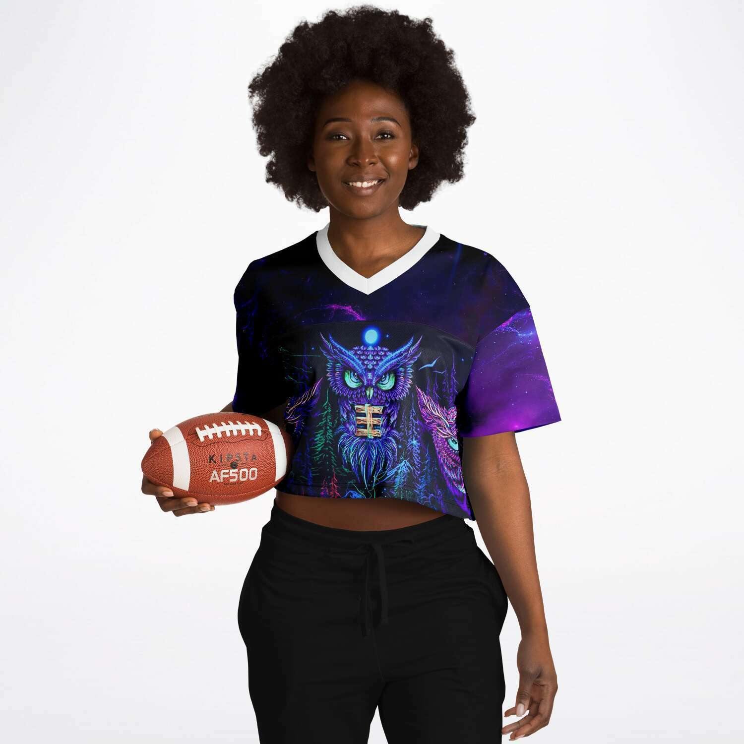  Trippy Owls Rave Cropped Football Jersey, [music festival clothing], [only clout], [onlyclout]