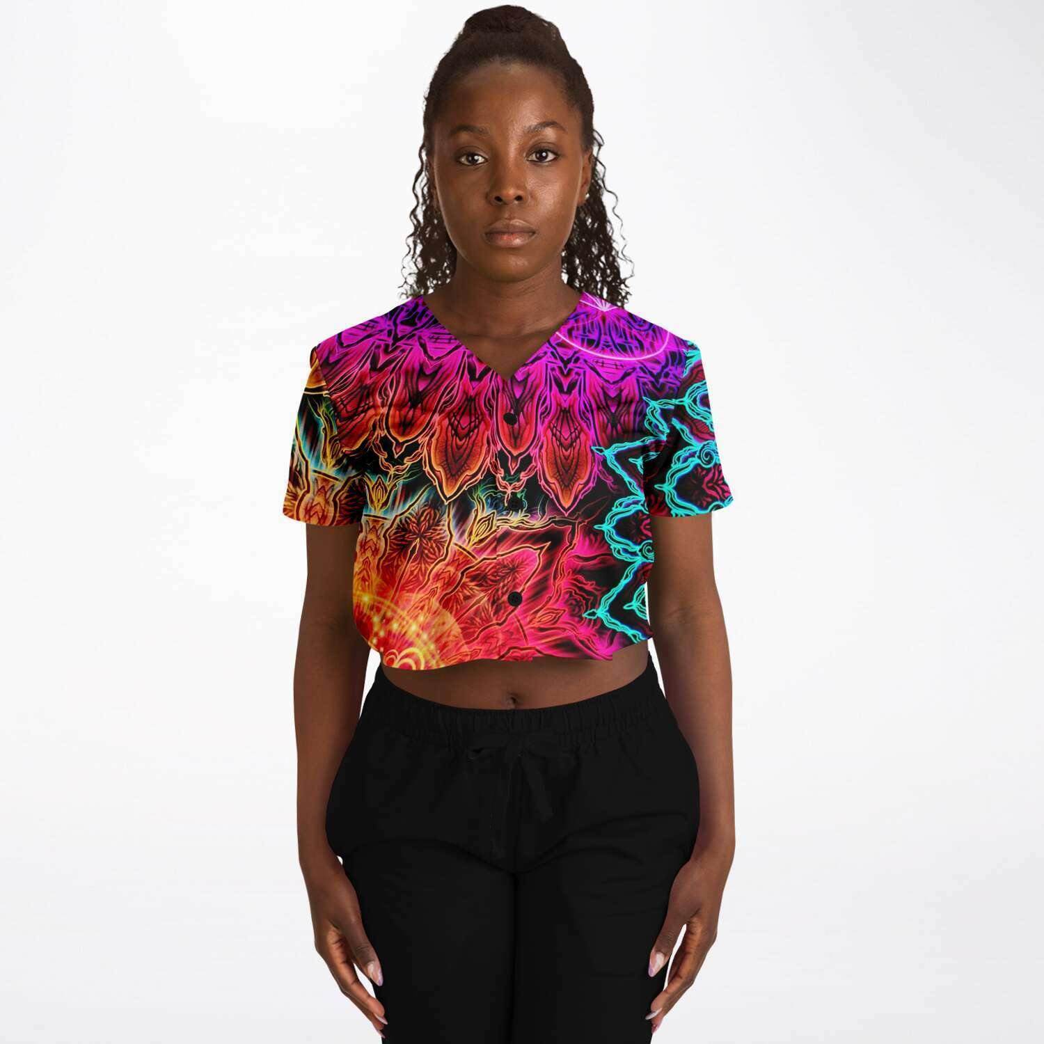  Color Mandala Rave Cropped Baseball Jersey, [music festival clothing], [only clout], [onlyclout]