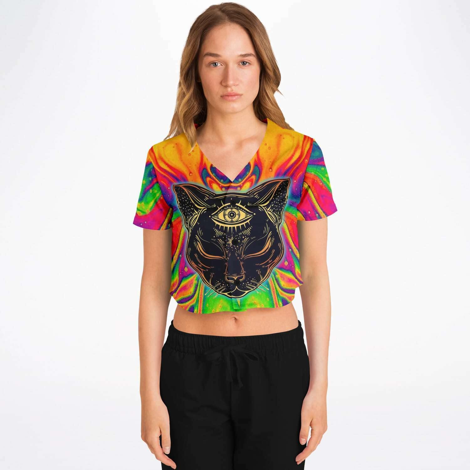  Trippy Cat Rave Cropped Baseball Jersey, [music festival clothing], [only clout], [onlyclout]