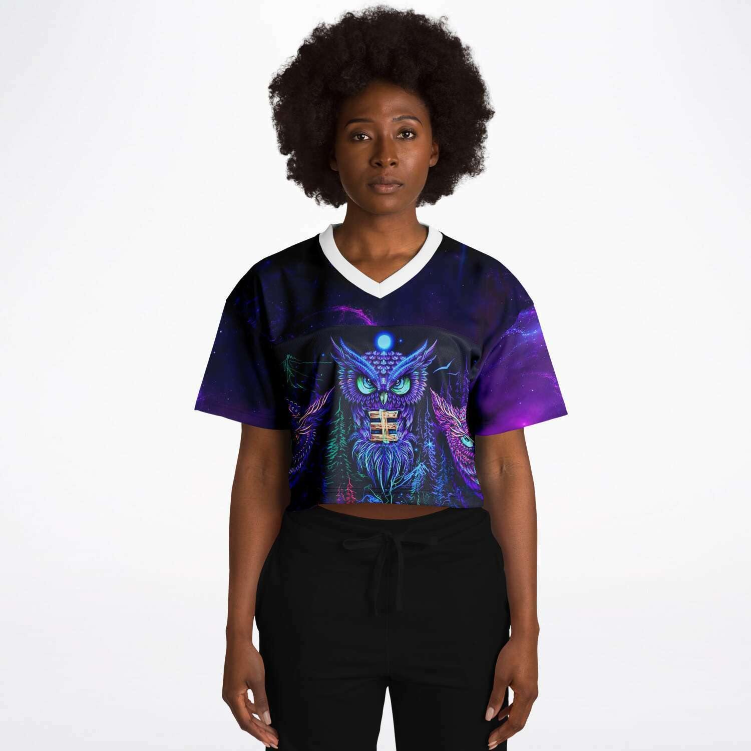  Trippy Owls Rave Cropped Football Jersey, [music festival clothing], [only clout], [onlyclout]