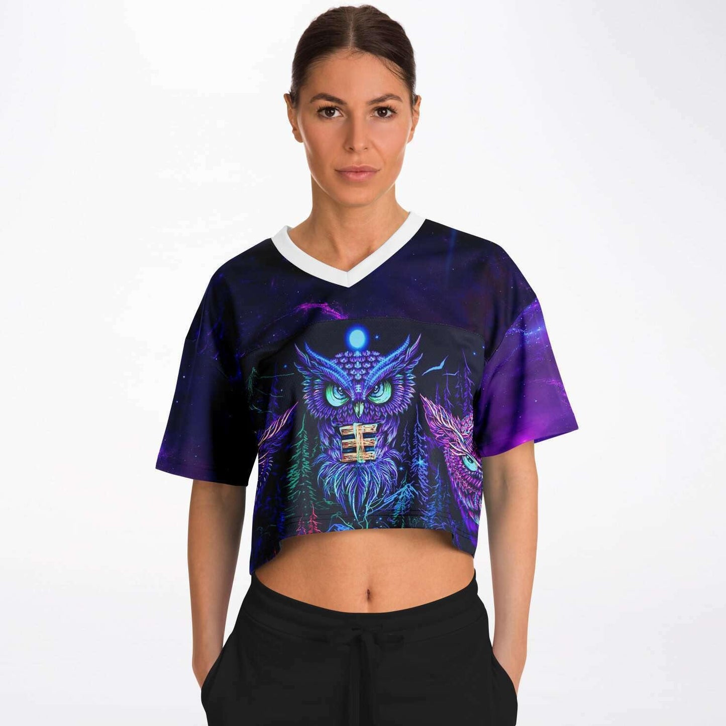  Trippy Owls Rave Cropped Football Jersey, [music festival clothing], [only clout], [onlyclout]